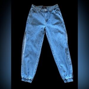 Classic High-Waist Blue Denim Jogger Pants With Side Cut Slits